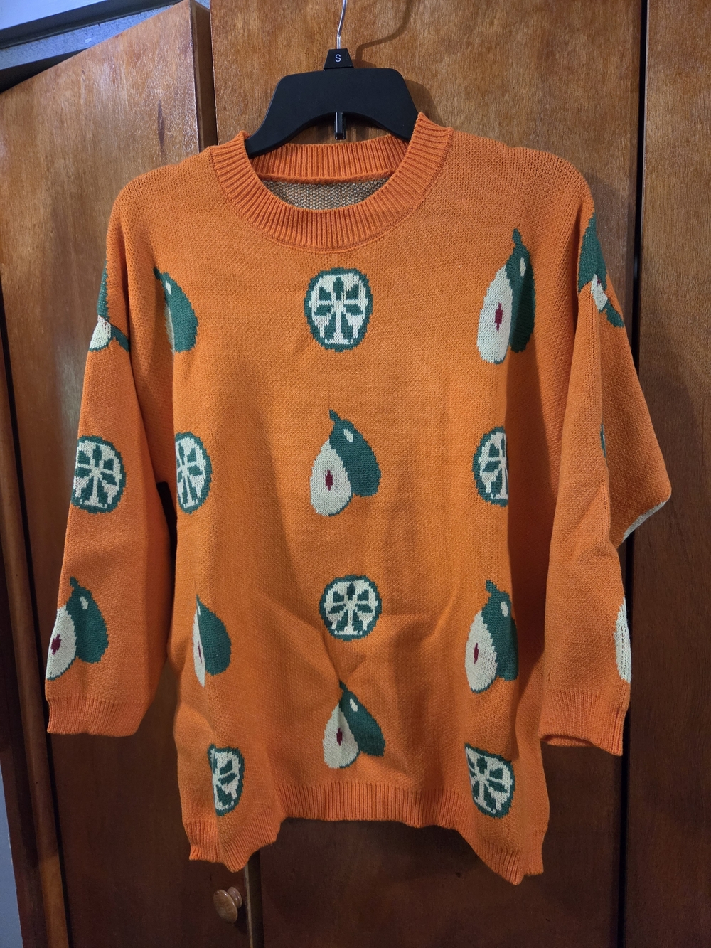 Women's Orange Crewneck Fruit-Print Sweater